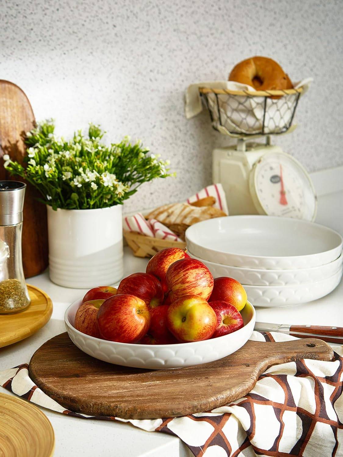 DOWAN 1.6L/25×25×5cm/4er-Set Pastateller,größe Salatschüsseln,Teller Schüssel,Keramiksuppenschalen für die Küche, Weiß