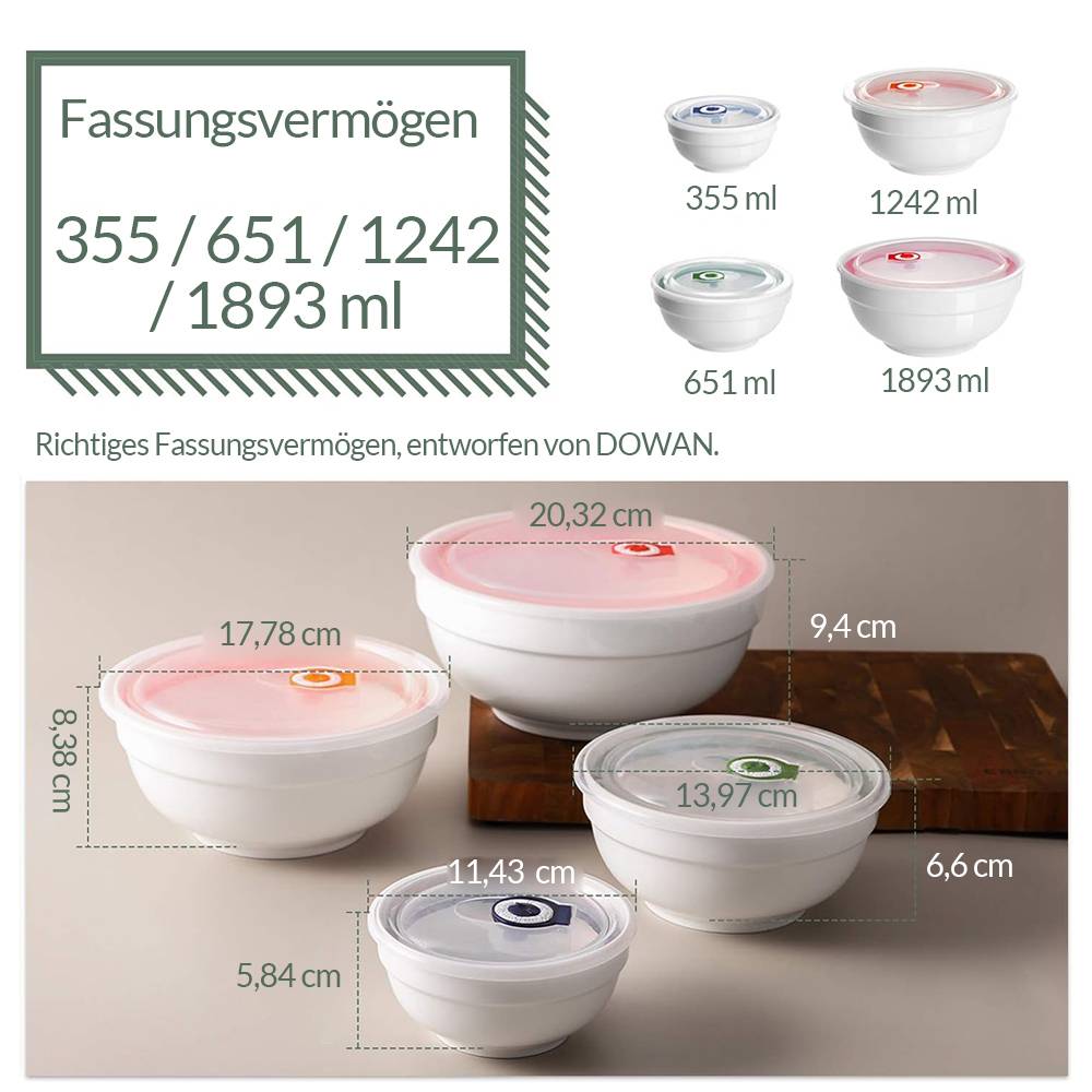 DOWAN 1.9/1.24/0.65/0.35L/4er-Set Große Keramikschüssel mit Deckel, vielseitige Schüsseln für die Küche, Servierschale, Weiß