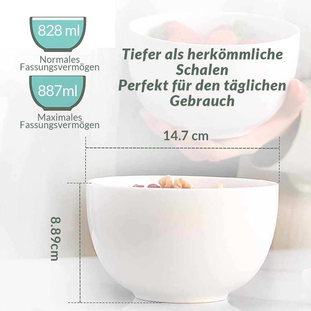 DOWAN 15×9 cm/887ml/4er Set Tiefe Suppenschalen & Müslischalen - Große Schalenset für die Küche, Tischdekoration, Weiß