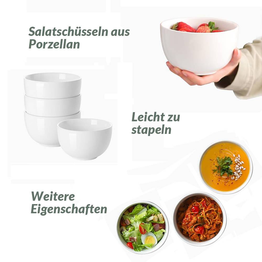 DOWAN 15×9 cm/887ml/4er Set Tiefe Suppenschalen & Müslischalen - Große Schalenset für die Küche, Tischdekoration, Weiß