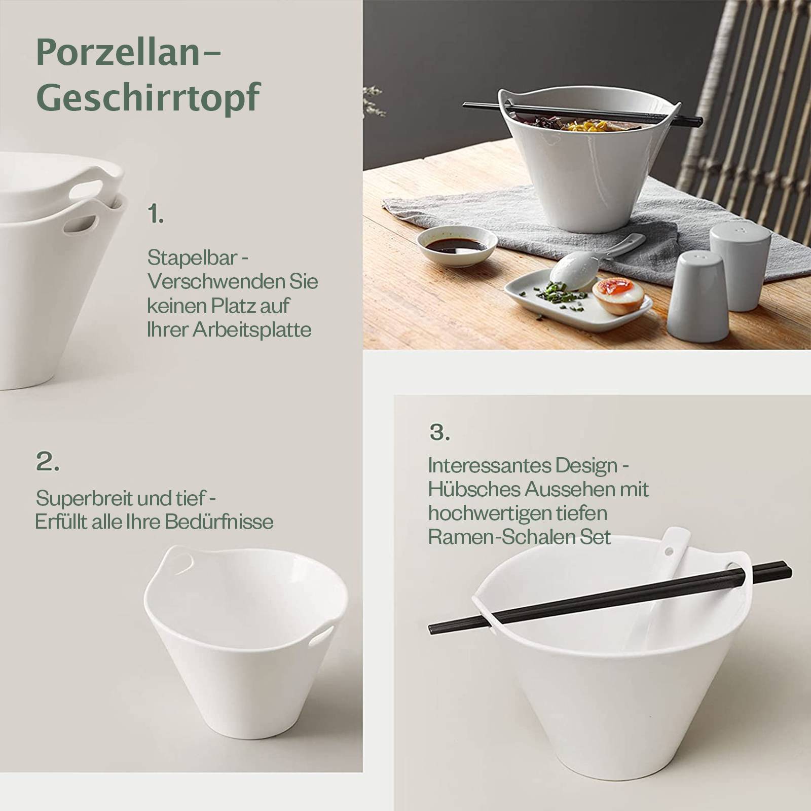 DOWAN 946ml/2er-Set Ramen-Schüsseln, Nudelschüsseln, tiefe Schüsseln mit Stäbchen und Löffel, japanische Schüsseln für die Küche - Weiß