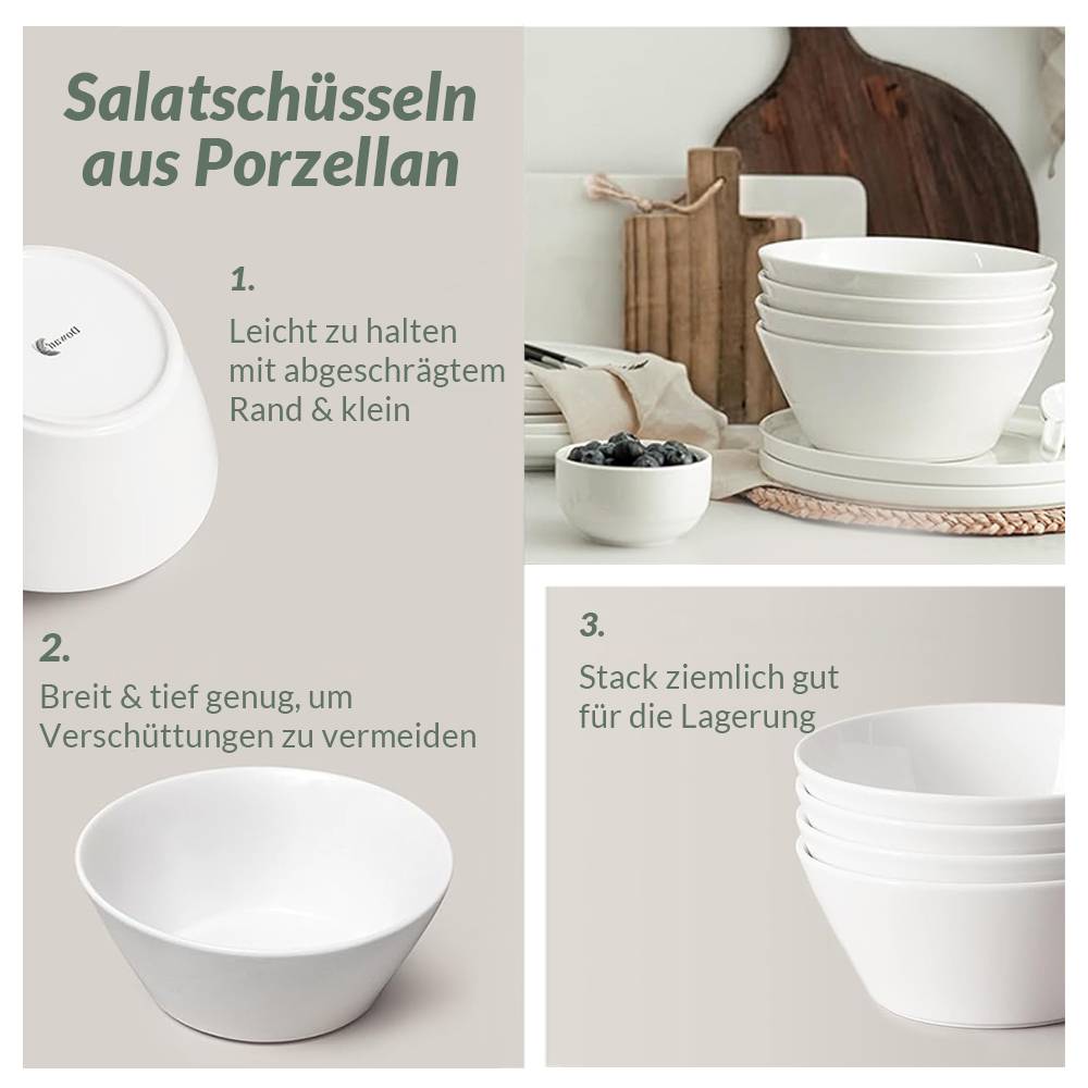 DOWAN 18×18×7cm/946ml/4er-Set Große Suppenschüsseln,Keramikschüsseln für Ramen/Müsli/Nudeln/Salat/Obst,Weiß