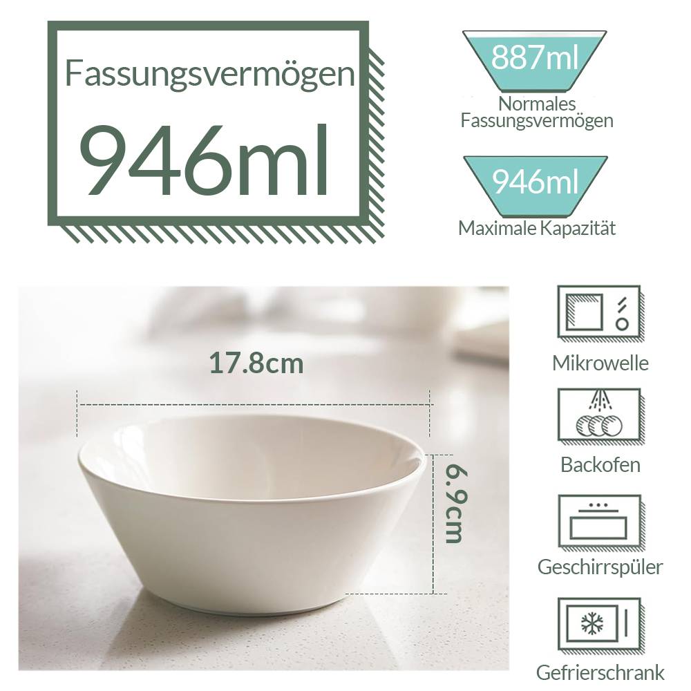 DOWAN 18×18×7cm/946ml/4er-Set Große Suppenschüsseln,Keramikschüsseln für Ramen/Müsli/Nudeln/Salat/Obst,Weiß
