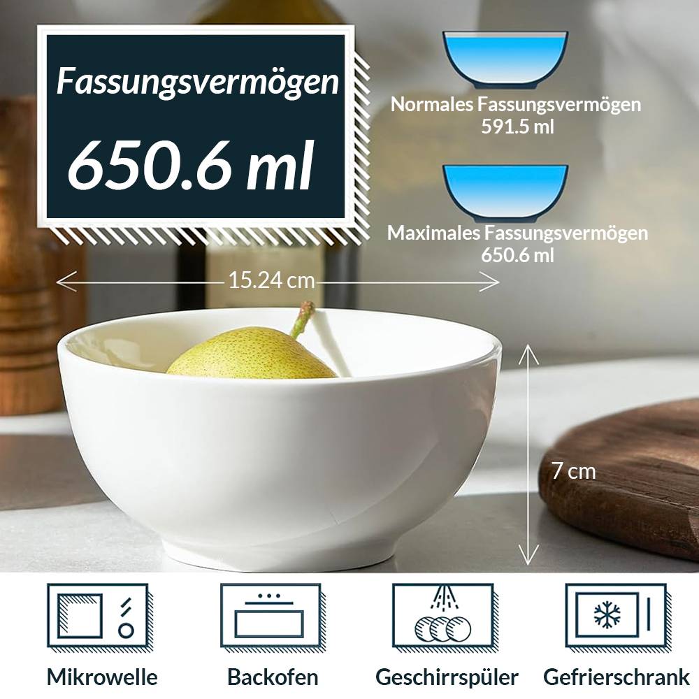 DOWAN 15×15×7 cm/650ml/4er Set Keramiksuppenschalen & Müslischalen für Suppe/Salat/Müsli, Mikrowelle und Geschirrspüler vorhanden,Weiß