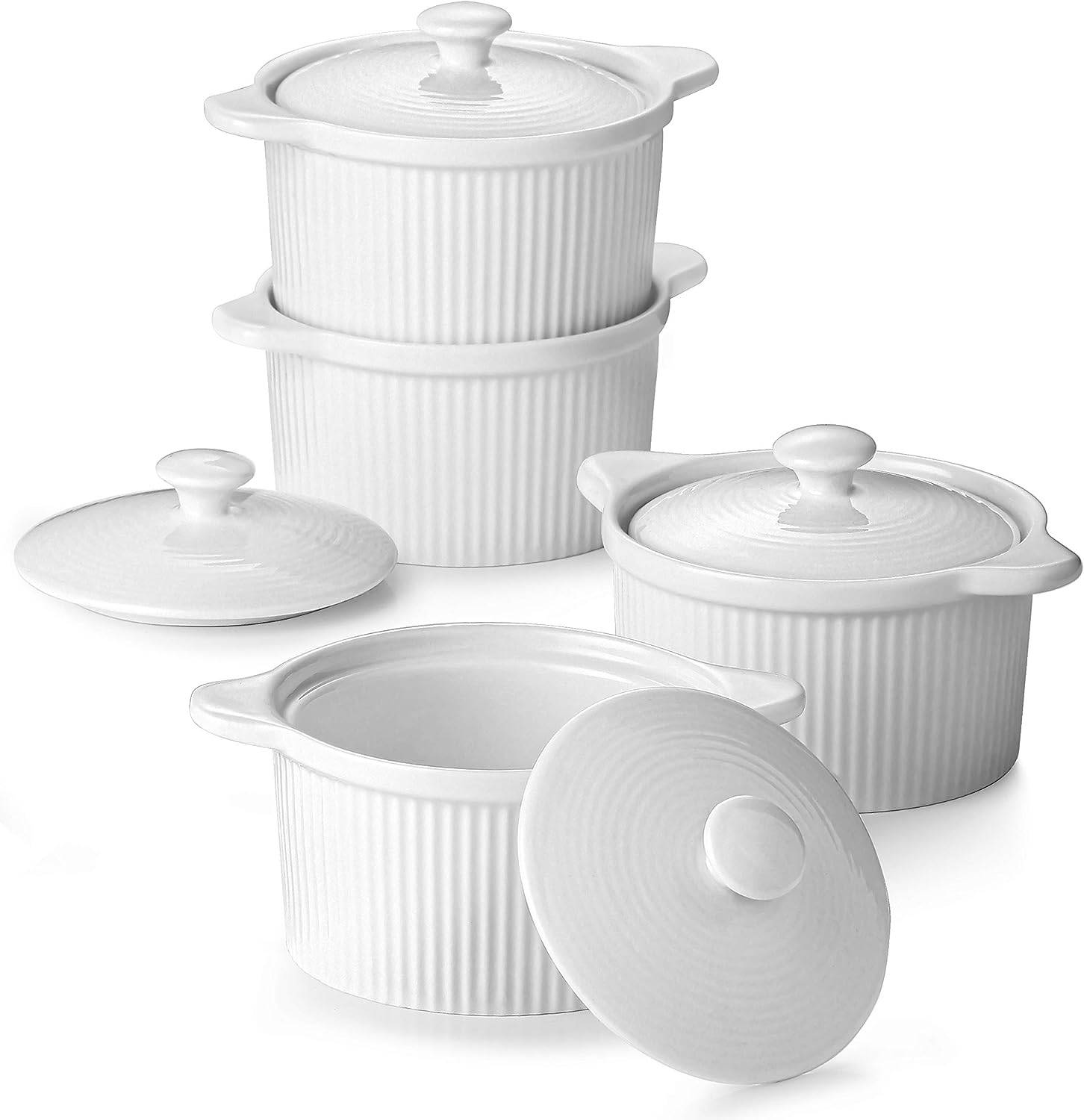 DOWAN 219ml/4er-Set Keramik Ramekins mit Deckeln Ofenfest für Creme Brulee,Soufflé-Schale Suppe,Ramekins-Set mit Deckel zum Backen,Weiß
