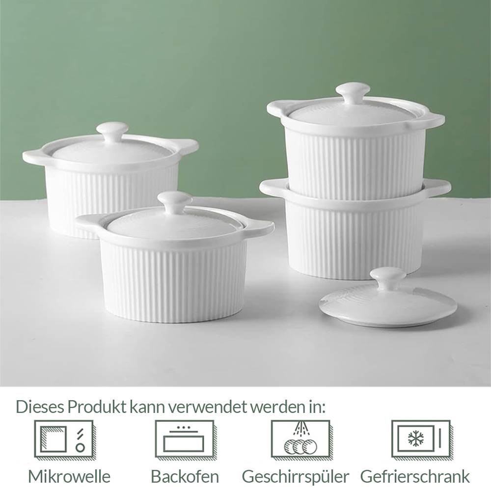 DOWAN 219ml/4er-Set Keramik Ramekins mit Deckeln Ofenfest für Creme Brulee,Soufflé-Schale Suppe,Ramekins-Set mit Deckel zum Backen,Weiß