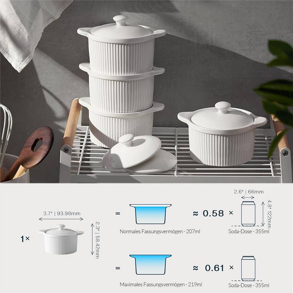 DOWAN 219ml/4er-Set Keramik Ramekins mit Deckeln Ofenfest für Creme Brulee,Soufflé-Schale Suppe,Ramekins-Set mit Deckel zum Backen,Weiß
