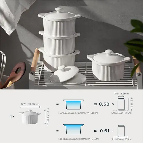 DOWAN 219ml/4er-Set Keramik Ramekins mit Deckeln Ofenfest für Creme Brulee,Soufflé-Schale Suppe,Ramekins-Set mit Deckel zum Backen,Weiß DOWAN 219ml/4er-Set Keramik Ramekins mit Deckeln Ofenfest für Creme Brulee,Soufflé-Schale Suppe,Ramekins-Set mit Deckel zum Backen,Weiß