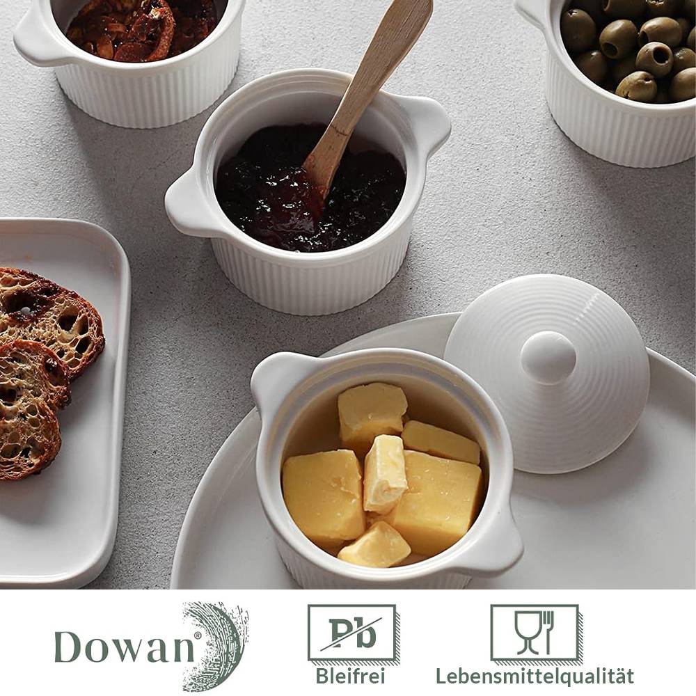 DOWAN 219ml/4er-Set Keramik Ramekins mit Deckeln Ofenfest für Creme Brulee,Soufflé-Schale Suppe,Ramekins-Set mit Deckel zum Backen,Weiß