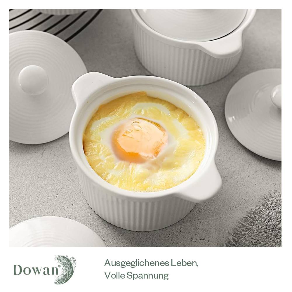 DOWAN 219ml/4er-Set Keramik Ramekins mit Deckeln Ofenfest für Creme Brulee,Soufflé-Schale Suppe,Ramekins-Set mit Deckel zum Backen,Weiß