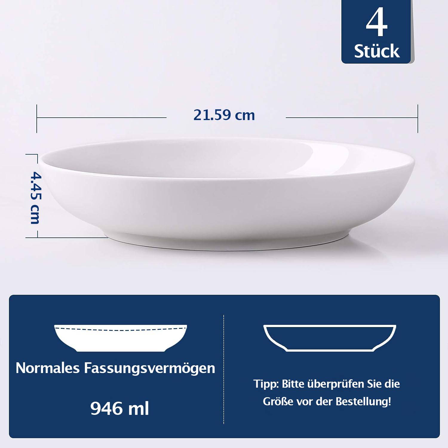 Y YHY 946ml/21×21×4.5 cm/Set aus 4 Nudelschalen,Keramik Große Salatschüsseln,Flache Suppenschalen,Mikrowellen und Spülmaschinenfest, Weiß