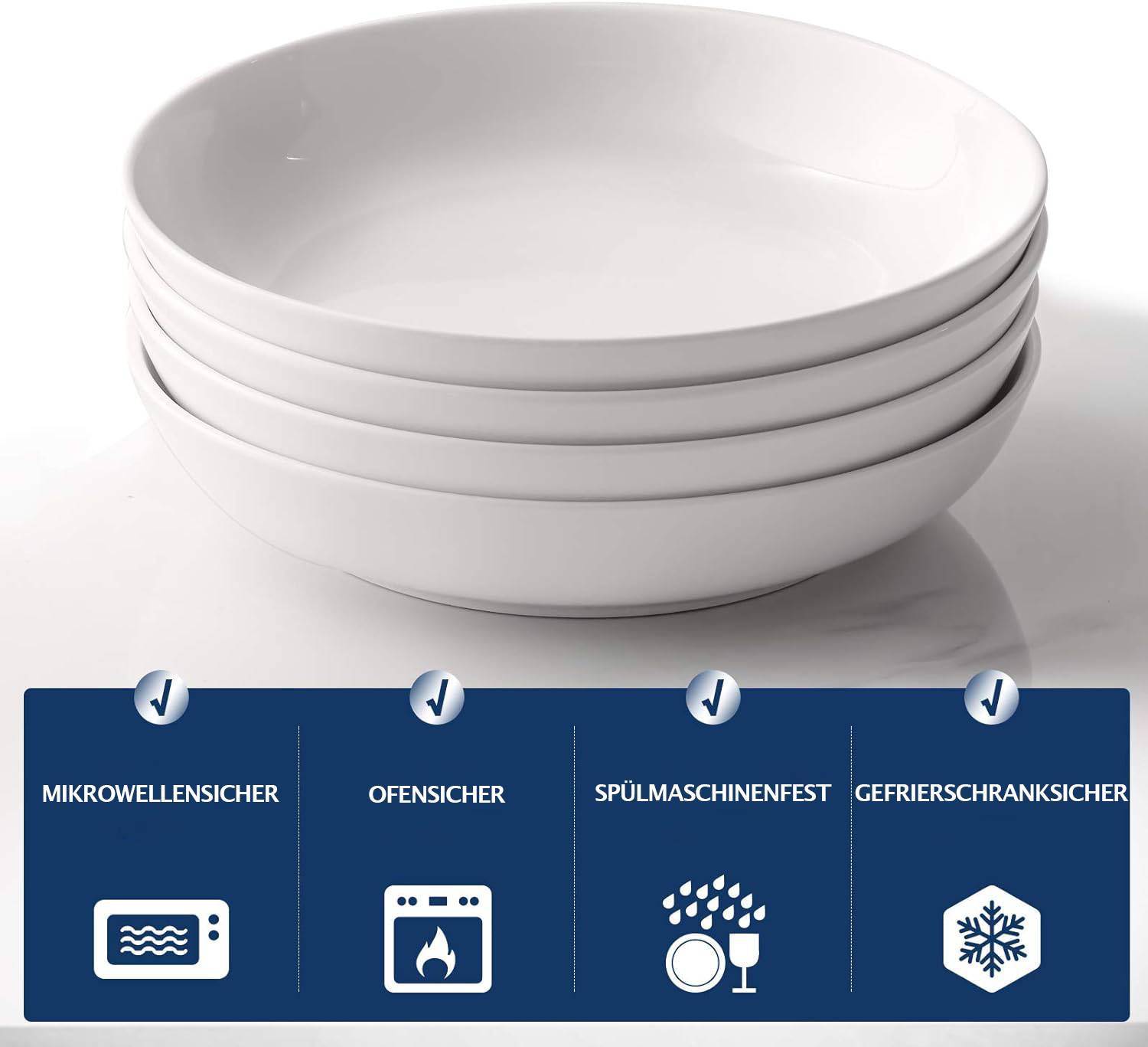 Y YHY 946ml/21×21×4.5 cm/Set aus 4 Nudelschalen,Keramik Große Salatschüsseln,Flache Suppenschalen,Mikrowellen und Spülmaschinenfest, Weiß