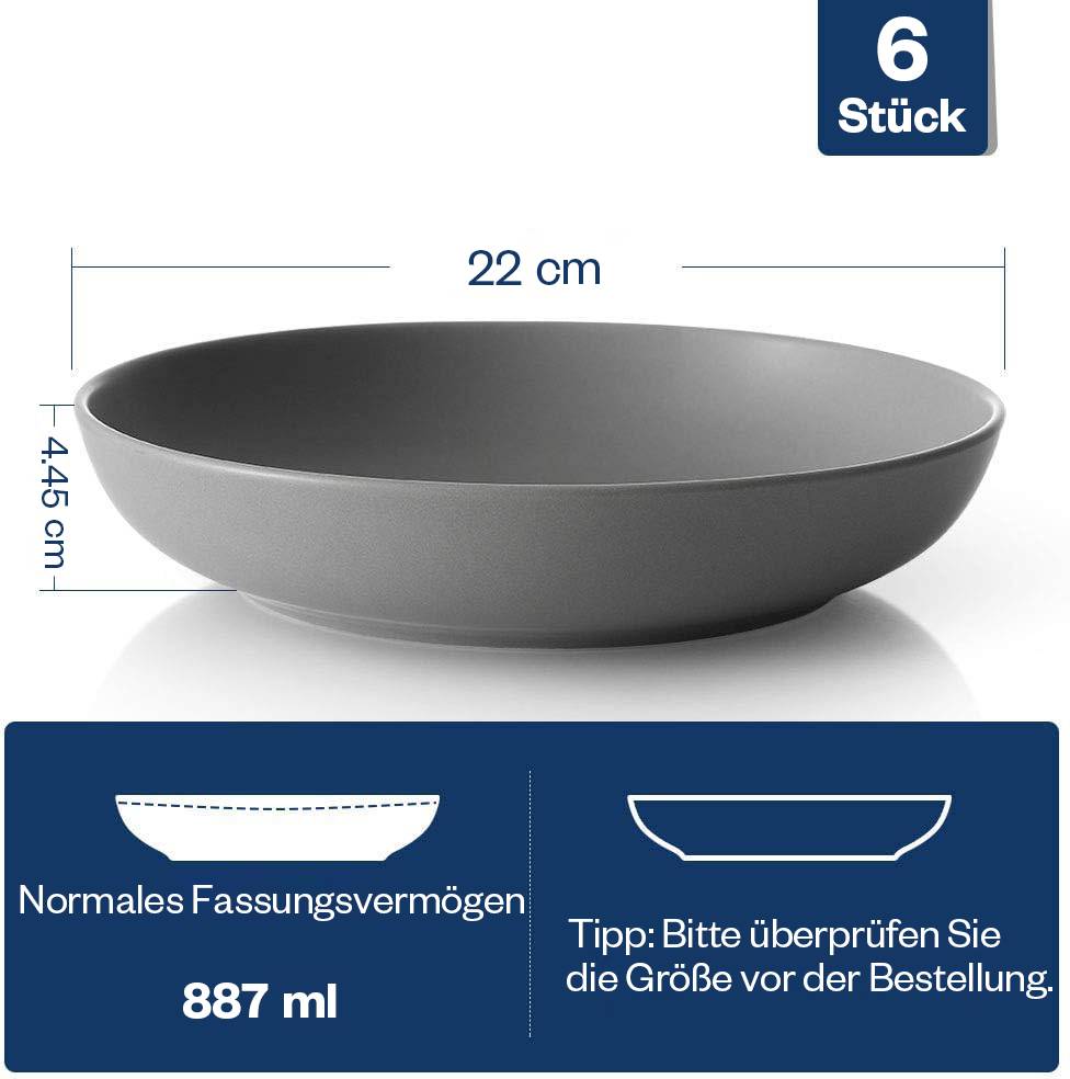 Y YHY 887ml/6er Set Pasta-Schüssel-Set,Große Salatschüsseln,Porzellanschüsseln,Breit und Flach,Mikrowellengeeignet,Spülmaschinenfest,Mattgrau