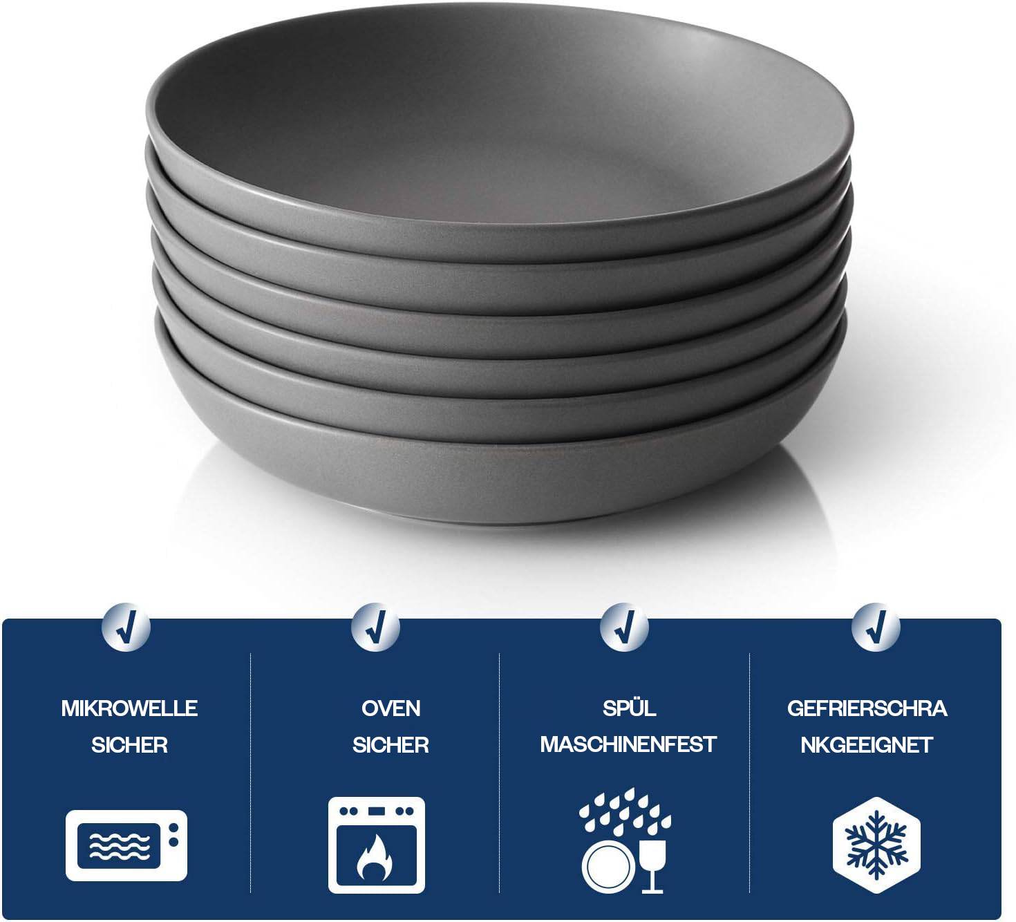 Y YHY 887ml/6er Set Pasta-Schüssel-Set,Große Salatschüsseln,Porzellanschüsseln,Breit und Flach,Mikrowellengeeignet,Spülmaschinenfest,Mattgrau