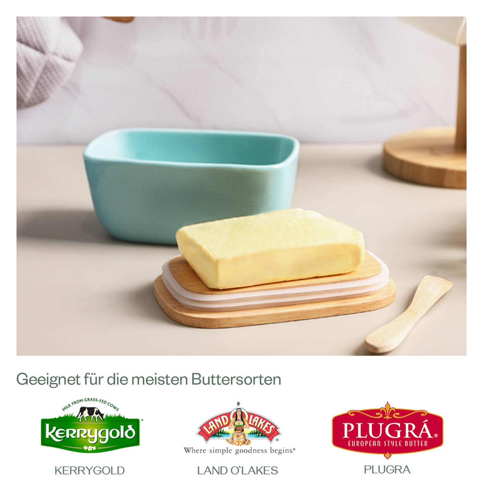 DOWAN 17×10×8cm große Keramik-Butterdose mit Holzdeckel, luftdichter Butterbehälter, Butter aufstreichen, Blau