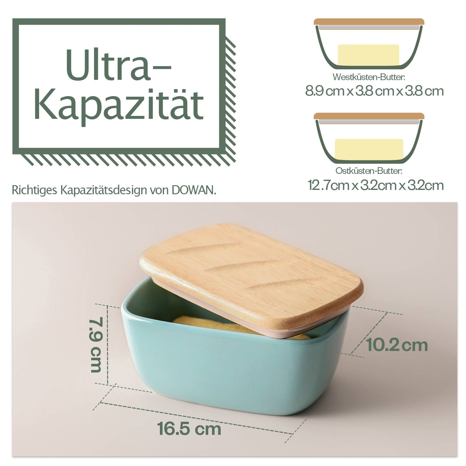 DOWAN 17×10×8cm große Keramik-Butterdose mit Holzdeckel, luftdichter Butterbehälter, Butter aufstreichen, Blau