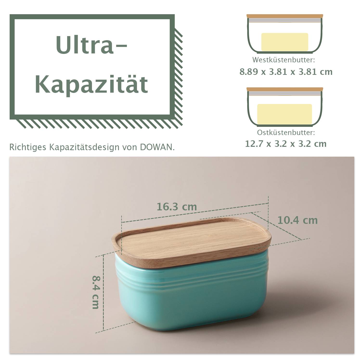 DOWAN 16×10×8cm große Keramik-Butterdose mit Holzdeckel, luftdichter Butterbehälter, Butter aufstreichen, Türkis