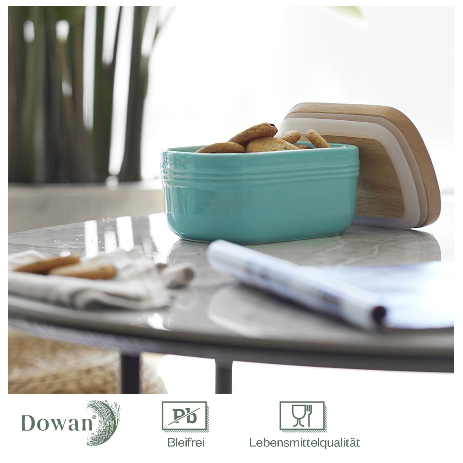 DOWAN 16×10×8cm große Keramik-Butterdose mit Holzdeckel, luftdichter Butterbehälter, Butter aufstreichen, Türkis