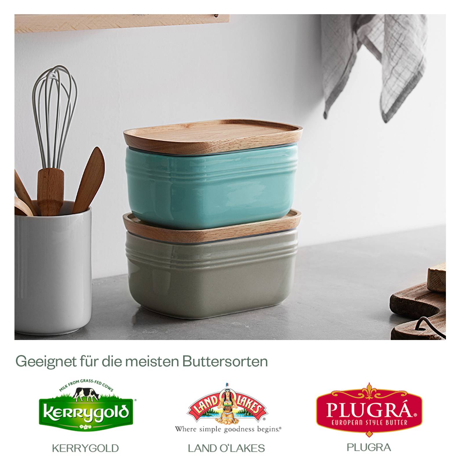 DOWAN 16×10×8cm große Keramik-Butterdose mit Holzdeckel, luftdichter Butterbehälter, Butter aufstreichen, Türkis