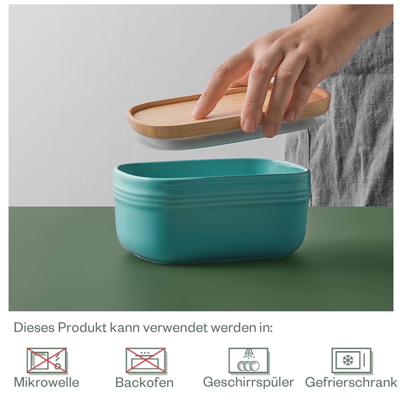 DOWAN 16×10×8cm große Keramik-Butterdose mit Holzdeckel, luftdichter Butterbehälter, Butter aufstreichen, Türkis