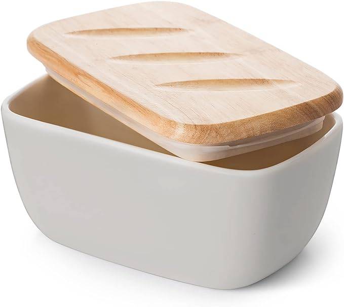 DOWAN 16×10×8cm große Keramik-Butterdose mit Holzdeckel, luftdichter Butterbehälter, Butter aufstreichen, Grau
