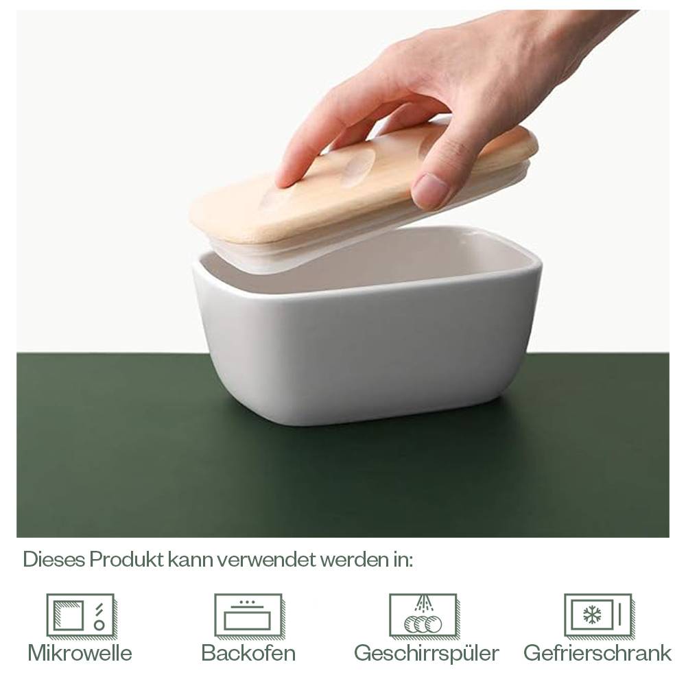 DOWAN 16×10×8cm große Keramik-Butterdose mit Holzdeckel, luftdichter Butterbehälter, Butter aufstreichen, Grau
