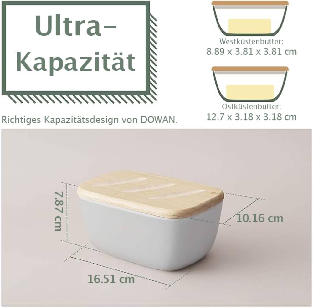 DOWAN 16×10×8cm große Keramik-Butterdose mit Holzdeckel, luftdichter Butterbehälter, Butter aufstreichen, Grau