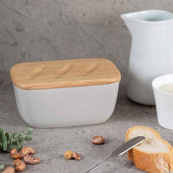 DOWAN 16×10×8cm große Keramik-Butterdose mit Holzdeckel, luftdichter Butterbehälter, Butter aufstreichen, Grau