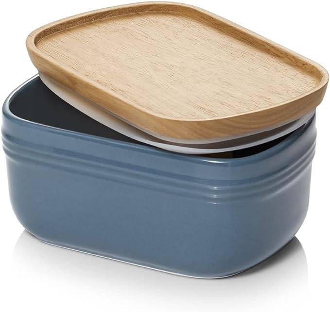 DOWAN 16×10×8cm große Keramik-Butterdose mit Holzdeckel, luftdichter Butterbehälter, Butter aufstreichen, Hellblau