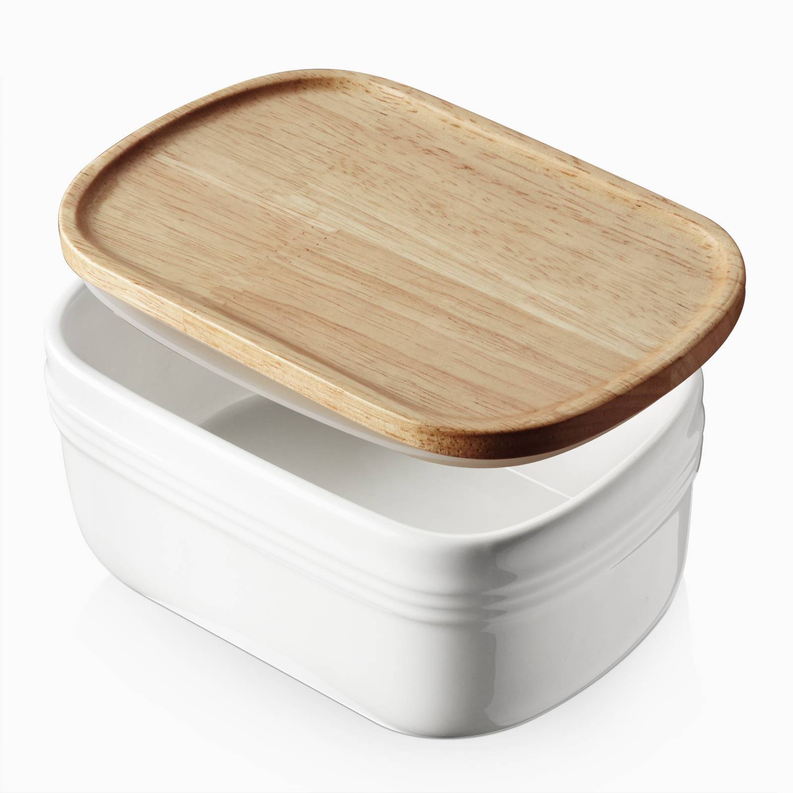 DOWAN 17×10×8cm große Keramik-Butterdose mit Holzdeckel, luftdichter Butterbehälter, Butter aufstreichen, Weiß