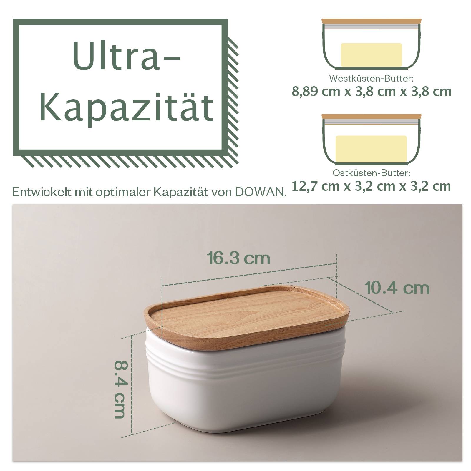 DOWAN 17×10×8cm große Keramik-Butterdose mit Holzdeckel, luftdichter Butterbehälter, Butter aufstreichen, Weiß
