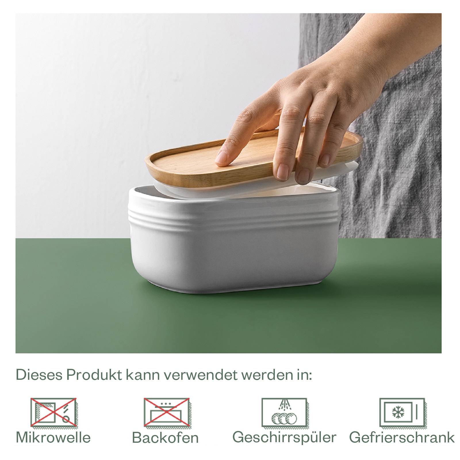 DOWAN 17×10×8cm große Keramik-Butterdose mit Holzdeckel, luftdichter Butterbehälter, Butter aufstreichen, Weiß