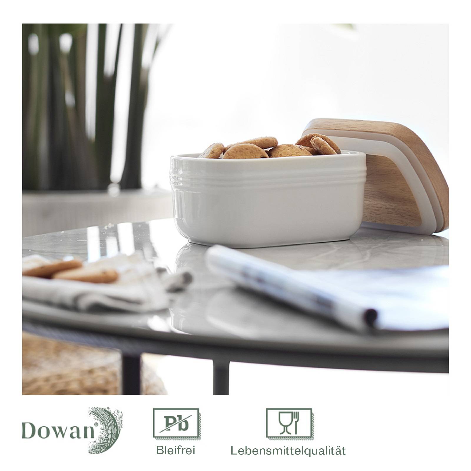 DOWAN 17×10×8cm große Keramik-Butterdose mit Holzdeckel, luftdichter Butterbehälter, Butter aufstreichen, Weiß