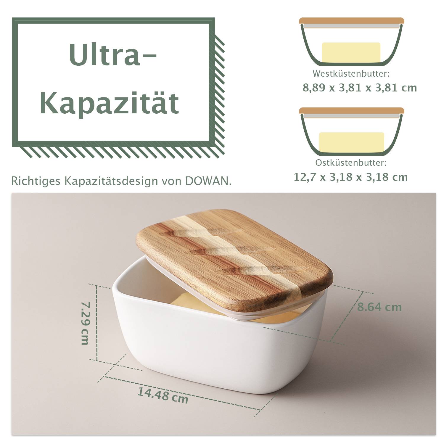 DOWAN 14.48 cm Große Butterdose - Keramik-Butterdose mit Deckel, weiß