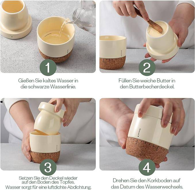 DOWAN 180ml Buttertopf, Butterdose mit Deckel für die Arbeitsplatte, Butterbehälter mit Korkboden und Datumszeile - Beige