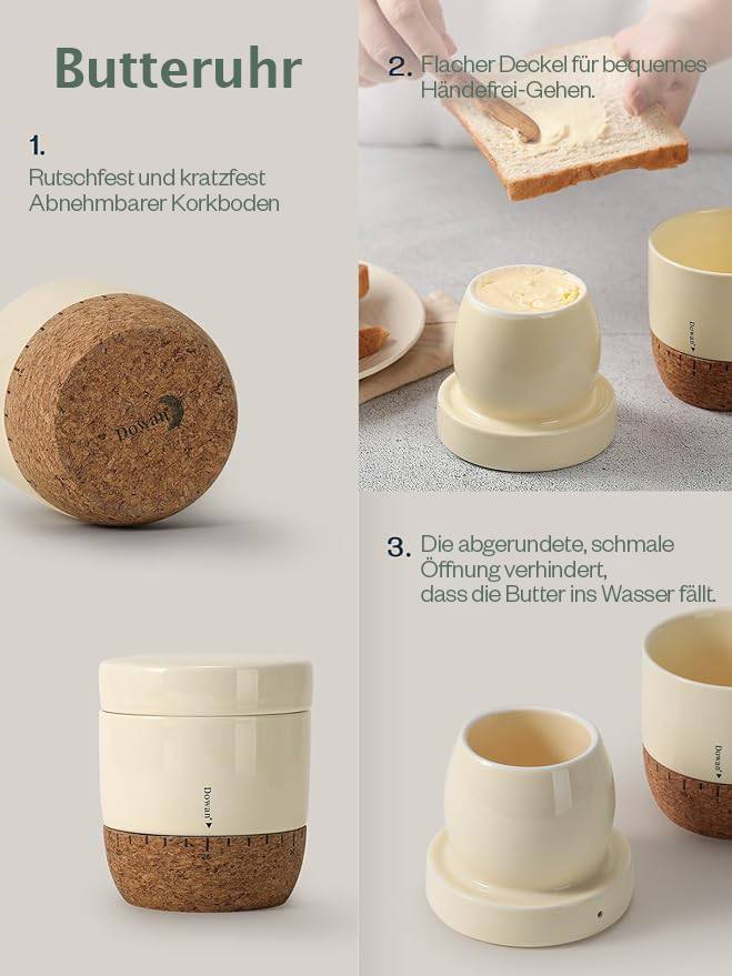 DOWAN 180ml Buttertopf, Butterdose mit Deckel für die Arbeitsplatte, Butterbehälter mit Korkboden und Datumszeile - Beige