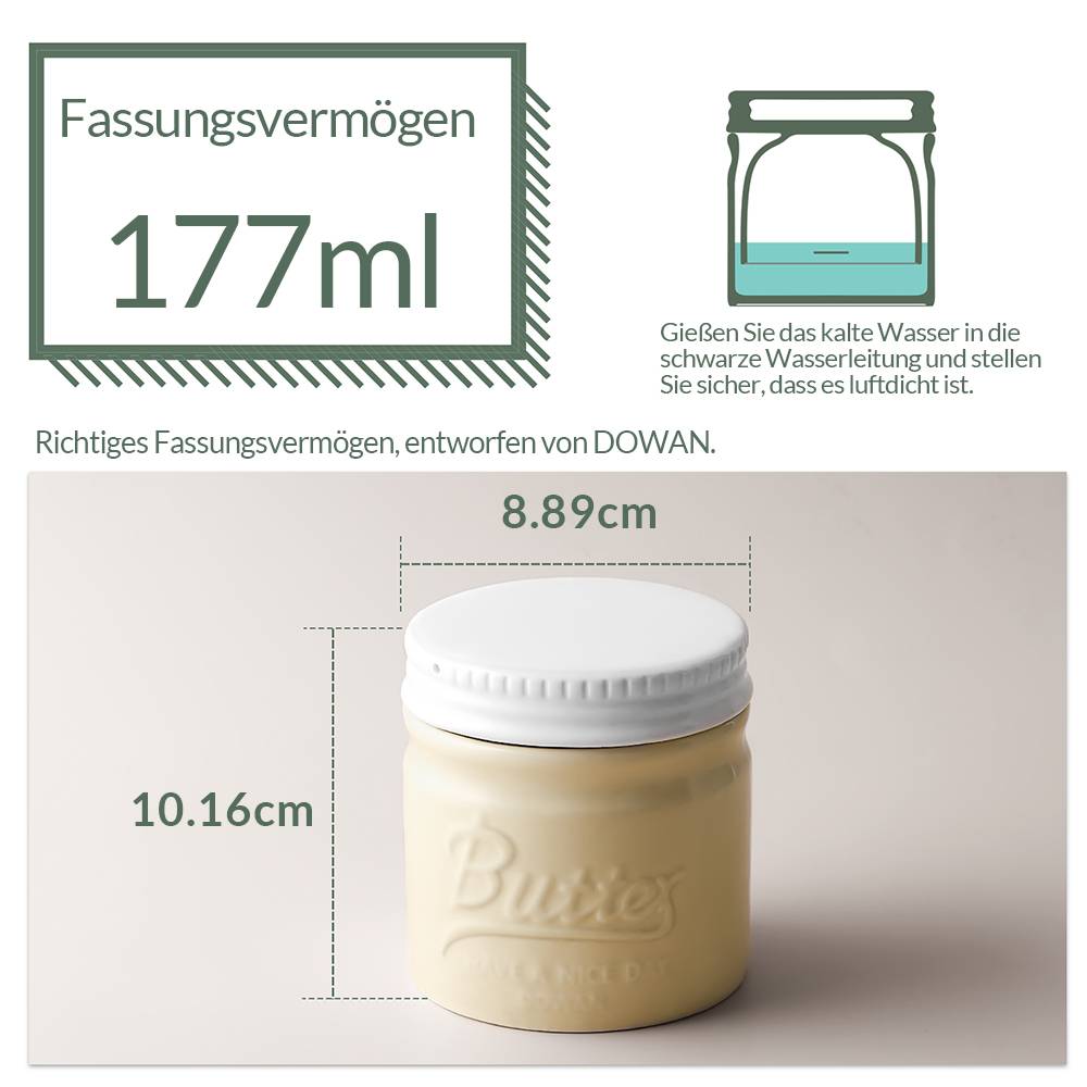 DOWAN französische Butterdose mit Deckel für streichfähige weiche Butter, Butterbehälter aus Porzellan mit Wasserlinie, Beige