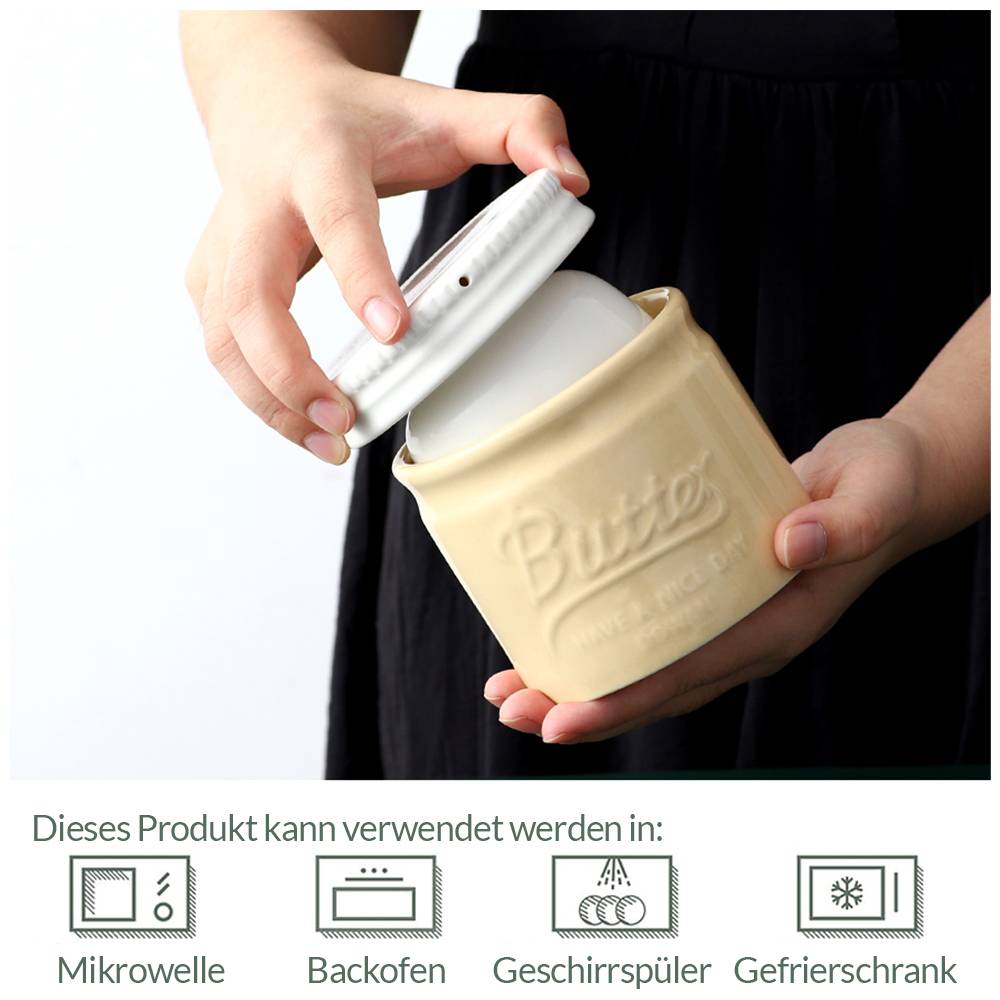 DOWAN französische Butterdose mit Deckel für streichfähige weiche Butter, Butterbehälter aus Porzellan mit Wasserlinie, Beige
