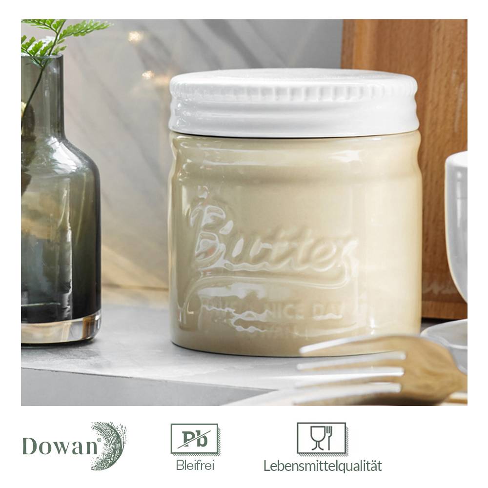 DOWAN französische Butterdose mit Deckel für streichfähige weiche Butter, Butterbehälter aus Porzellan mit Wasserlinie, Beige