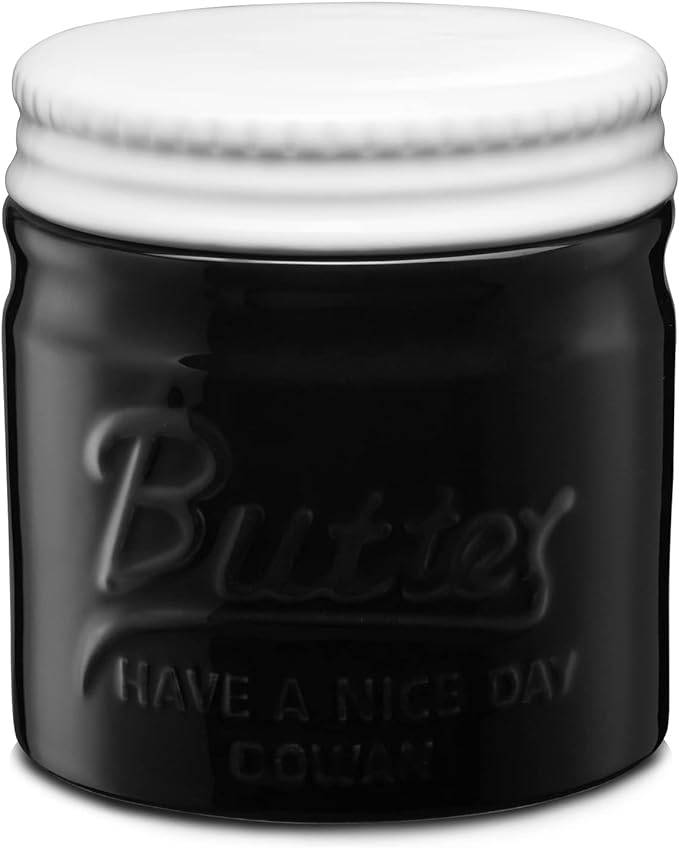 DOWAN 192ml/9×9×10cm französische Keramik Butterdose mit Deckel,geprägter Butterbehälter mit Wasserlinie,Schwarz