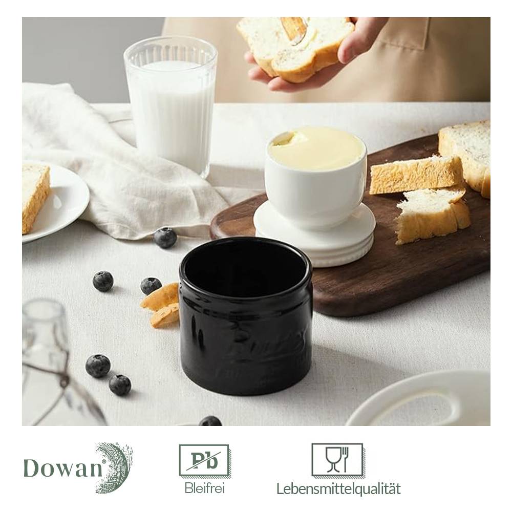 DOWAN 192ml/9×9×10cm französische Keramik Butterdose mit Deckel,geprägter Butterbehälter mit Wasserlinie,Schwarz