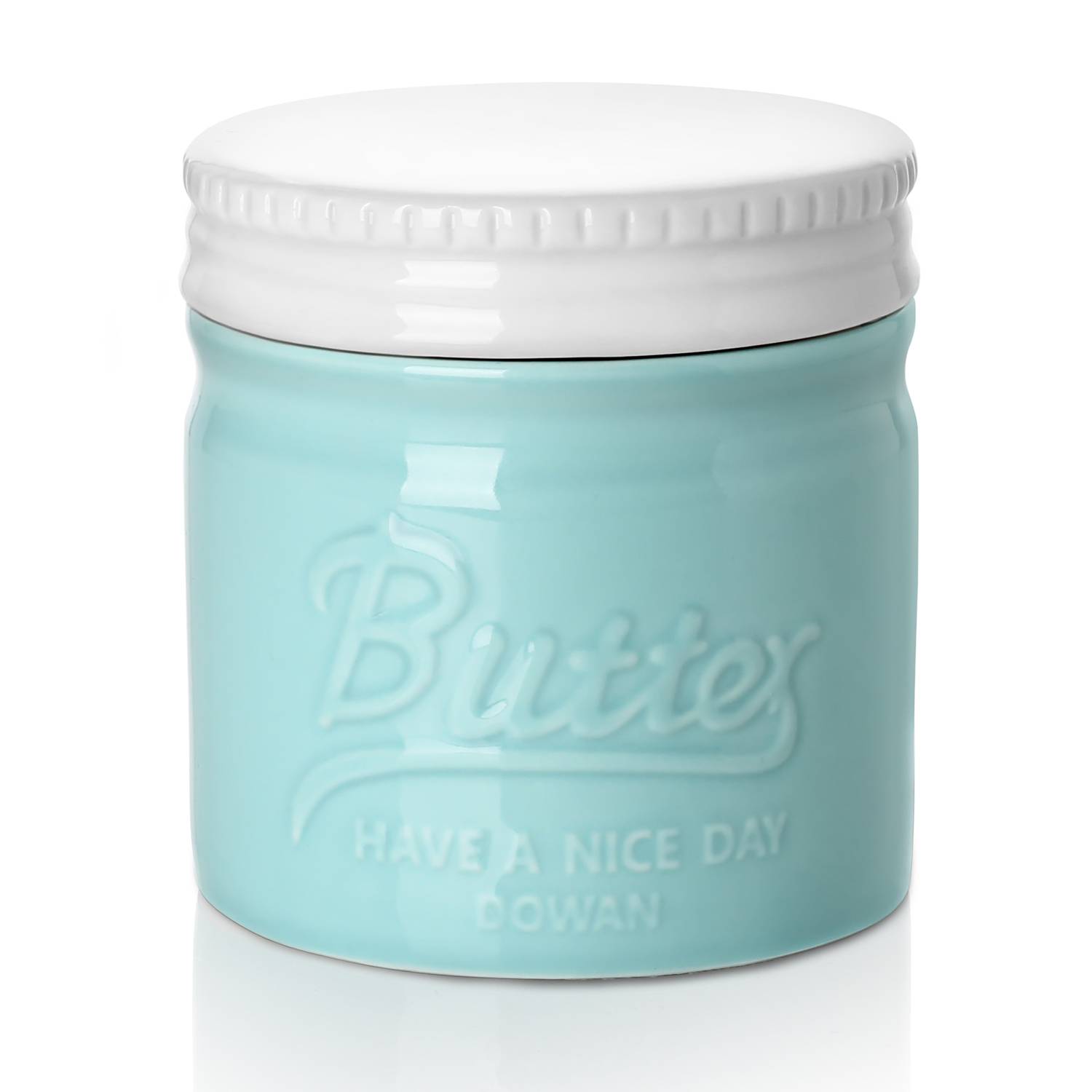 DOWAN 192ml/9×9×10cm französische Keramik Butterdose mit Deckel, geprägter Butterbehälter mit Wasserlinie,Blau