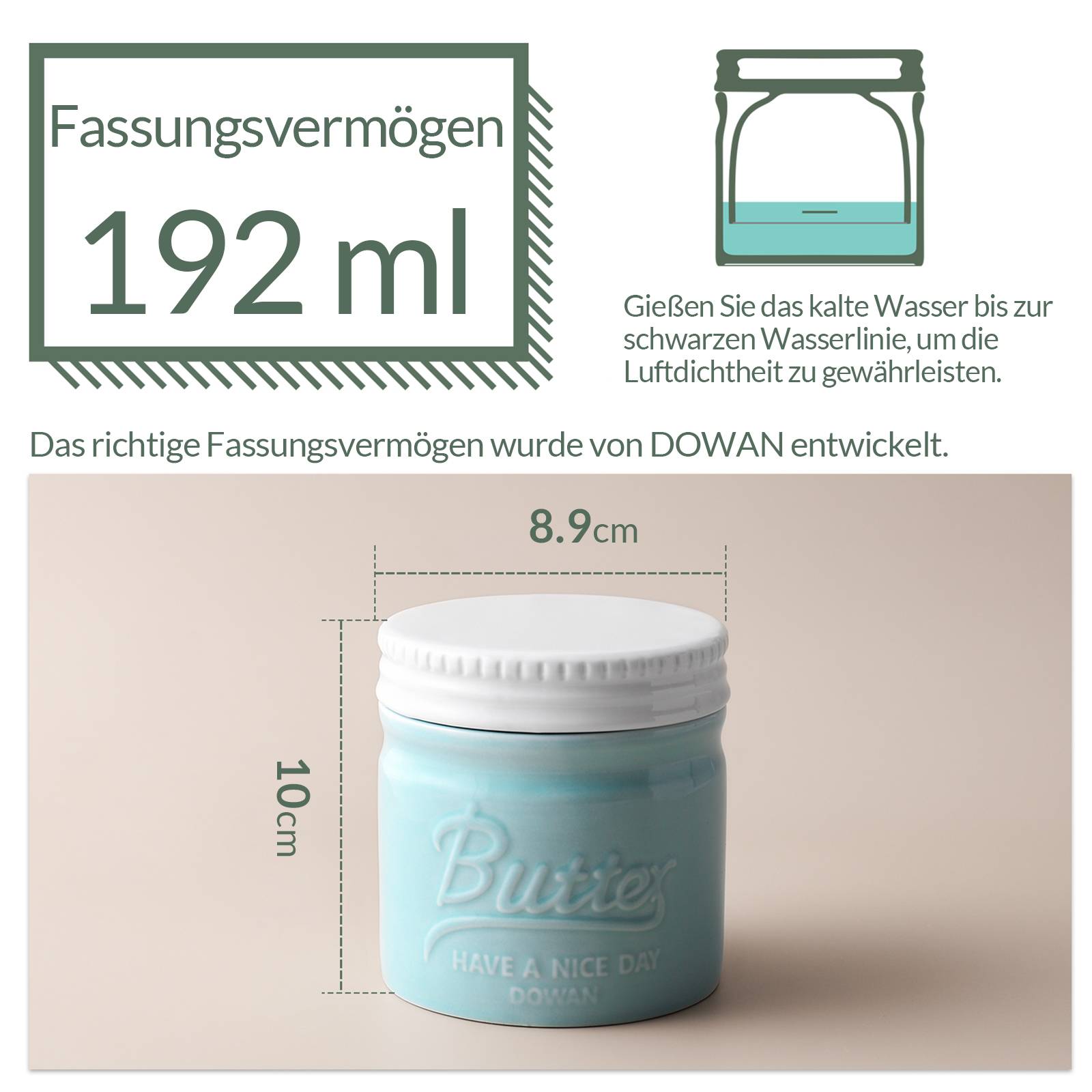 DOWAN 192ml/9×9×10cm französische Keramik Butterdose mit Deckel, geprägter Butterbehälter mit Wasserlinie,Blau