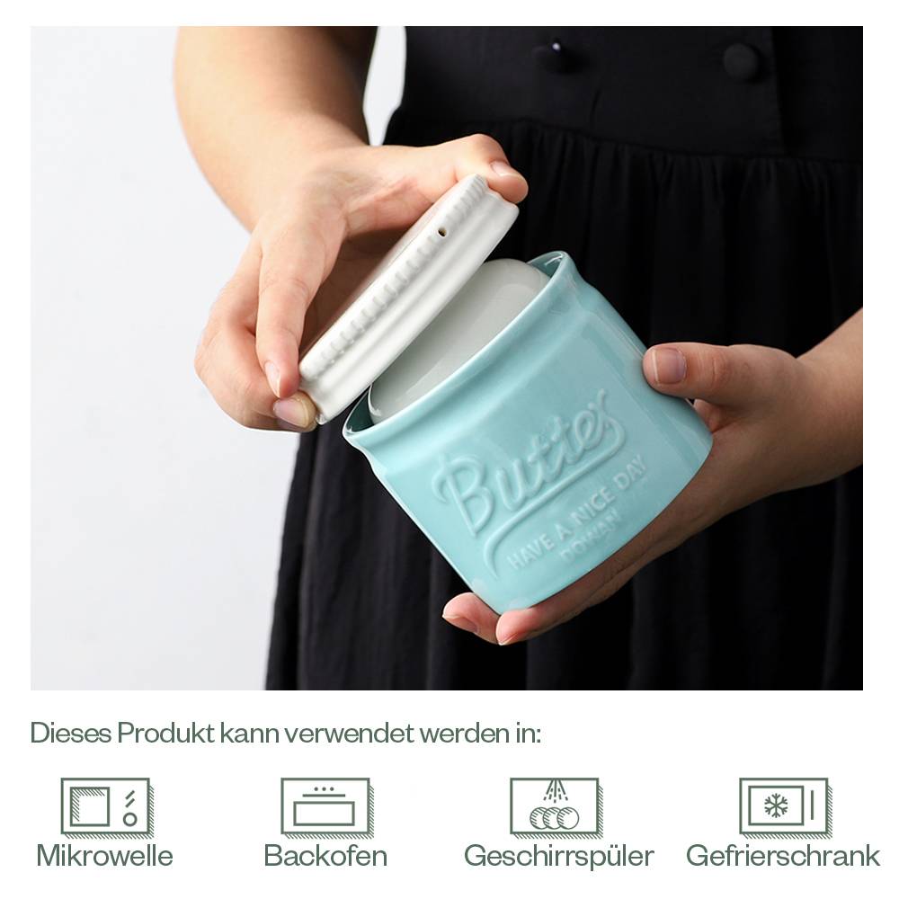 DOWAN 192ml/9×9×10cm französische Keramik Butterdose mit Deckel, geprägter Butterbehälter mit Wasserlinie,Blau