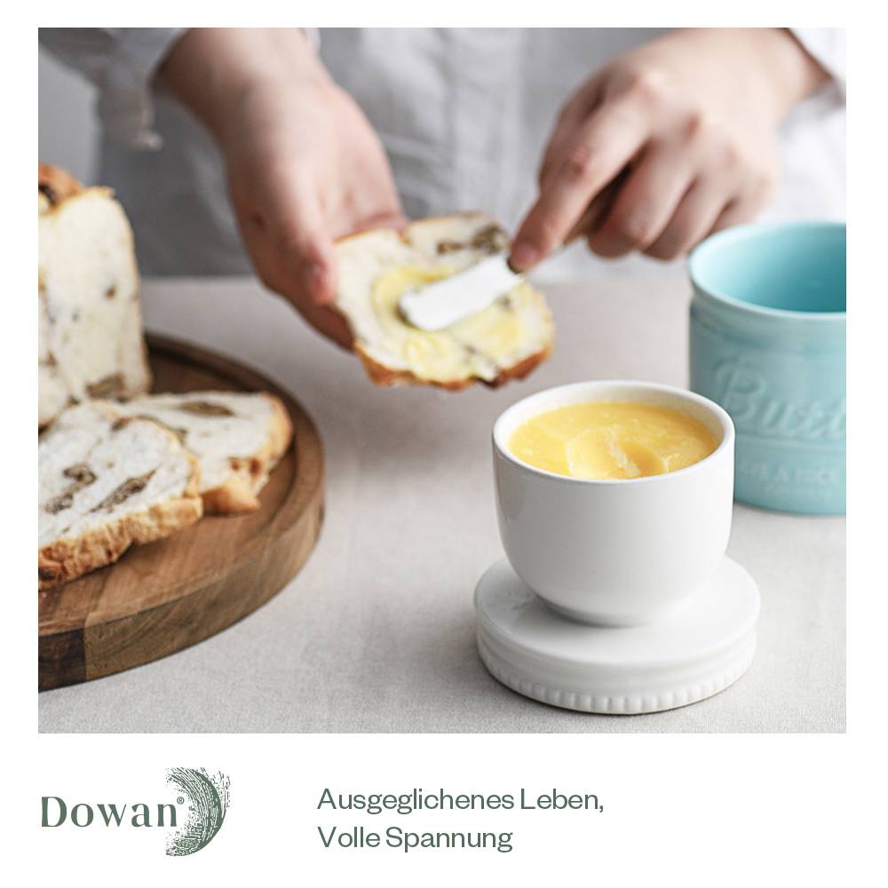 DOWAN 192ml/9×9×10cm französische Keramik Butterdose mit Deckel, geprägter Butterbehälter mit Wasserlinie,Blau