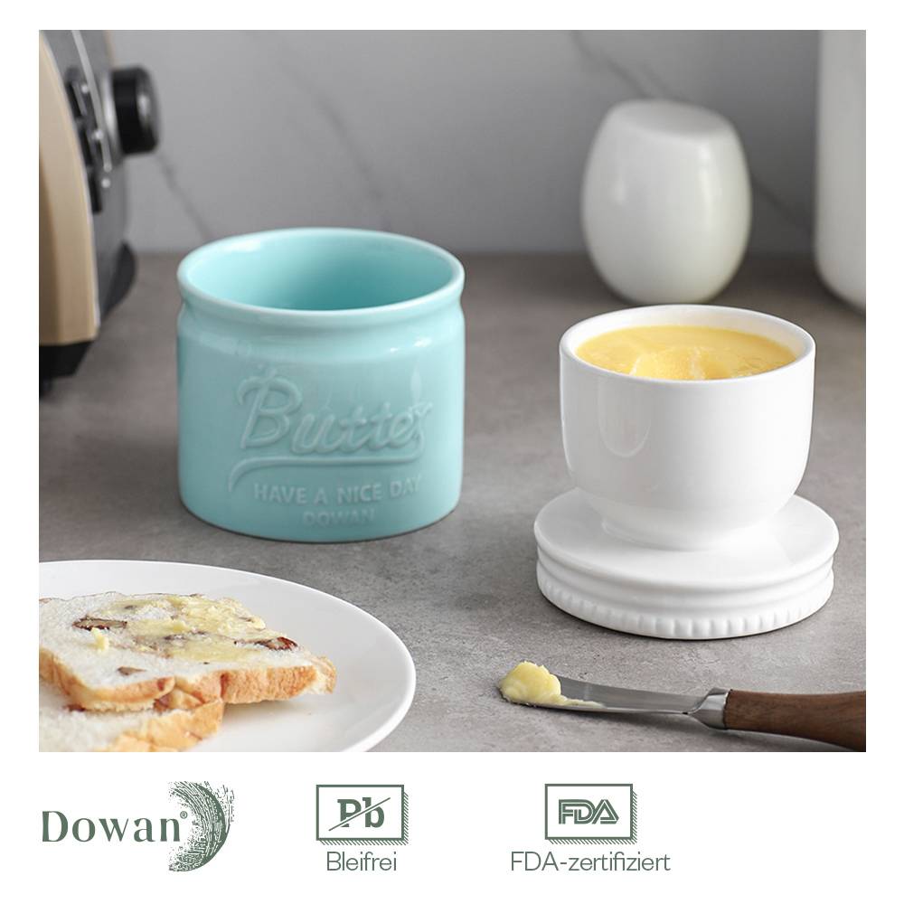 DOWAN 192ml/9×9×10cm französische Keramik Butterdose mit Deckel, geprägter Butterbehälter mit Wasserlinie,Blau