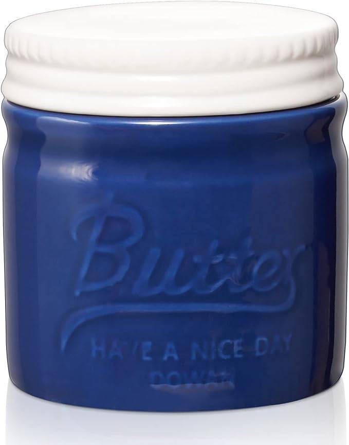DOWAN 192ml/9×9×10cm französische Keramik Butterdose mit Deckel,geprägter Butterbehälter mit Wasserlinie,Tiefblau