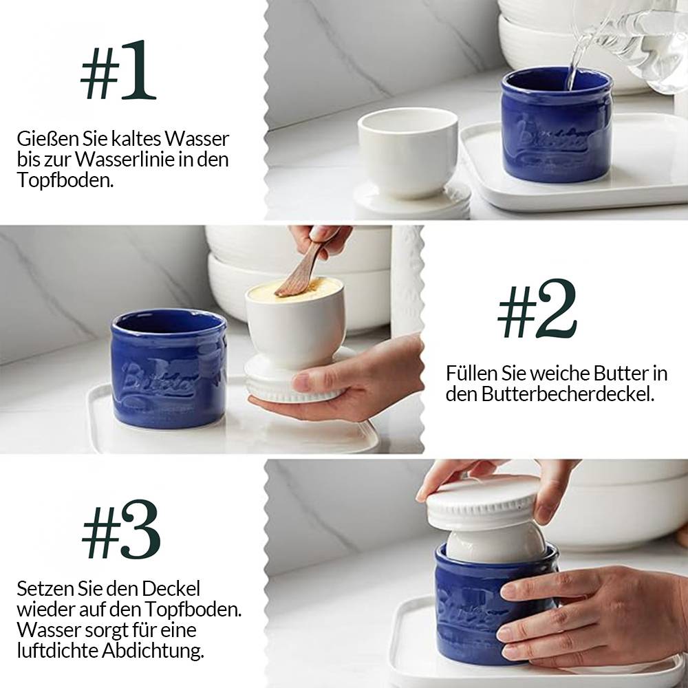 DOWAN 192ml/9×9×10cm französische Keramik Butterdose mit Deckel,geprägter Butterbehälter mit Wasserlinie,Tiefblau