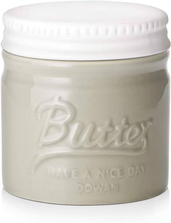 DOWAN 192ml/9×9×10cm französische Keramik Butterdose mit Deckel,geprägter Butterbehälter mit Wasserlinie,Grau