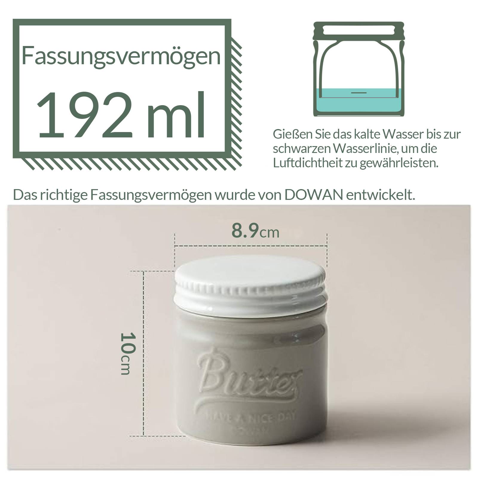 DOWAN 192ml/9×9×10cm französische Keramik Butterdose mit Deckel,geprägter Butterbehälter mit Wasserlinie,Grau